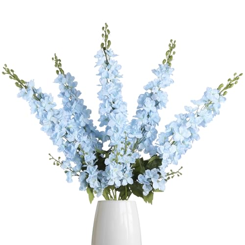 IPOPU 43.3" Light Blue Delphinium Artificial Flowers 5PCS Faux Delphinium Flowers Larkspur Long Stem Artificial Flowers for Wedding Table Centerpieces Home Garden Decor(Light Blue) - color: Light Blue