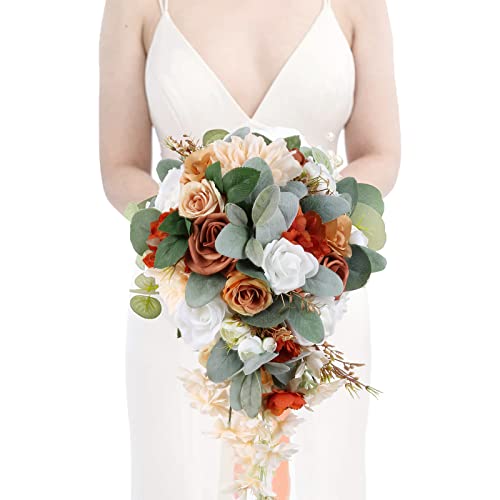 Wedding Bouquet, 11 Inch Terracotta Wedding Decor Artificial Flowers Bridal Bouquet Cascading Wedding Bouquets for Bride for Wedding Ceremony and Anniversary(Chic Terracotta) - color: Chic Terracotta