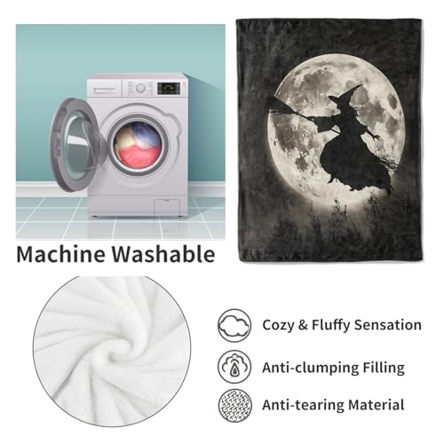 Midnight Witch Flight Fleece Blanket Gifts, Silhouette Against Full Moon Design, Soft Throw 40x50 inches, Haunting Halloween Decor - Black and Gray - color: Color451, size: 40"x50"