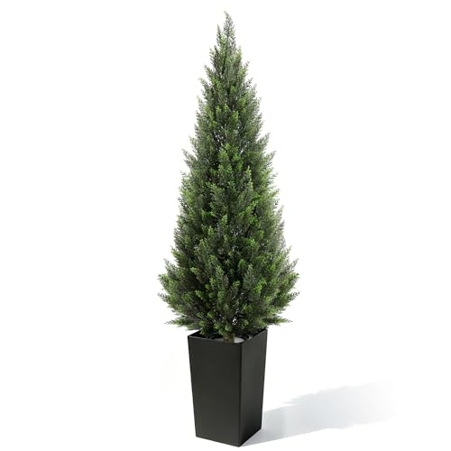 6FT Tall Artificial Cedar Topiary Tree with Compact Pyramidal Shape, Realistic Faux Cypress in Square Black Pot with Fillable Water Bag, Outdoor Evergreen for Front Porch Garden Home Decor - color: Black-pyramid Topiary, size: 6ft-1pack