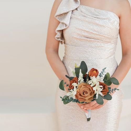 Rinlong Burnt Orange Bridesmaid Bouquet, Fall Wedding Bouquets, Terracotta | Silk Bridal Bouquet, Prom, Homecoming, Destination Friendly - color: 05-burnt Orange & Sage
