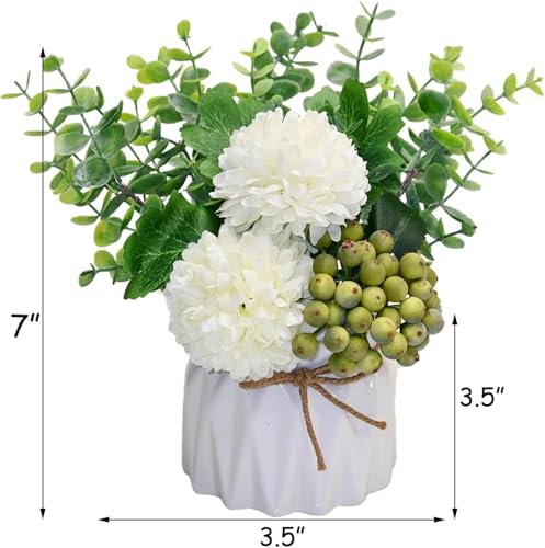 LADADA Artificial Flower Hydrangea and Small CeramicVase Fake Plant Eucalyptus Leaf Berry Flower Arrangement for Home Decoration (White) - color: White