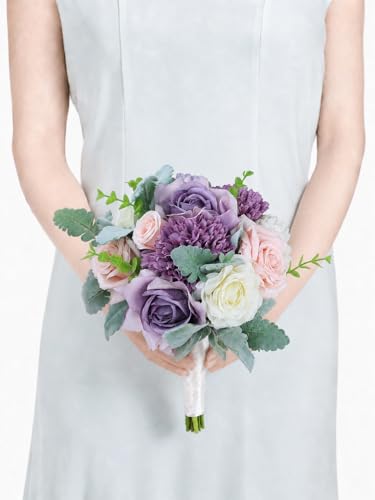 Rinlong 9" Wedding Bouquet for Bride, Pastel Purple Silk Bridal Bouquet - color: 18-light Purple