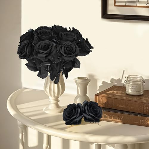 10 Pcs Black Rose Artificial Flower, Faux Silk Flowers With Long Stems, Fake Roses Bulk Bouquet for Decoration Valentine's Day Centerpieces Proposal Bridal Bouquets Shower Party Home Floral Decor - color: Black