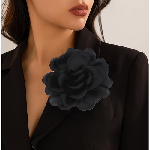 Large Flower Brooches Lapel Pins for Women Satin Fabric Brooches Big Camellia Flower Brooch Pins Wedding Part Dance Clothes Accessories Jewelry Gifts - color: black