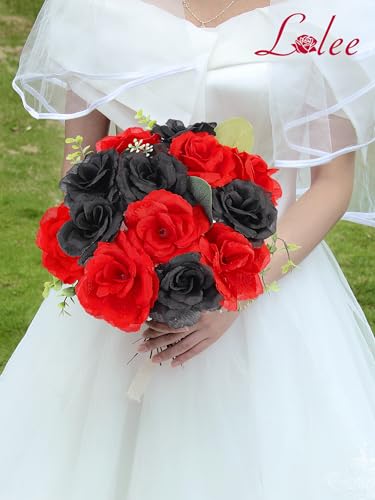 108pcs Roses Head Flowers with Stem - Red Black Artificial Flowers Rose Bulk - Silk Rose Fake Flower for Graduation Casino Theme Hollywood New Years Movie Night Birthday Decorations - color: Red-black