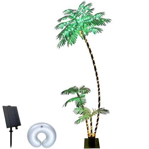SOSHOT 7FT Solar Lighted Palm Trees for Outside Patio Light Up 260 LED Artificial Fake Tree Lights for Pool Bar Tropical Party Deck Outdoor Decorations - style: 7FT Solar