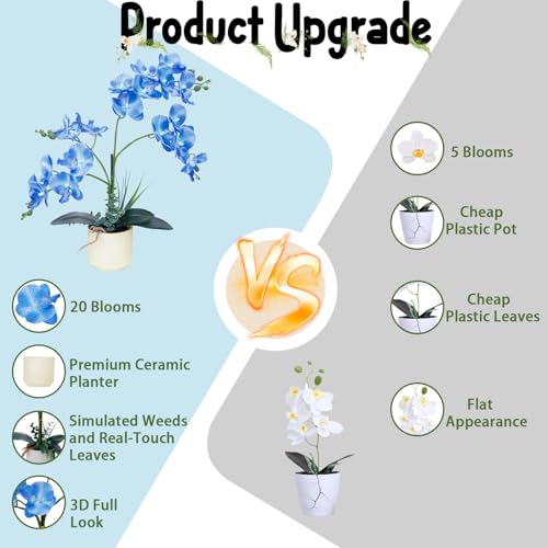 ucky Blue 15.7" 3D Lifelike Artificial Orchid Plant with 20 Heads, Realistic Faux Phalaenopsis in Ceramic Pot for Home Decor, Elegant Fake Flower Arrangement Table Centerpiece - color: Blue