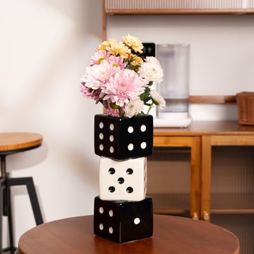 MOUGIGI Unique Handmade Dice Vase - Stylish Black & White Ceramic Decor for Home, Bar | Geometric Design Perfect for Fresh, Dried, or Artificial Flowers | Eye-Catching Centerpiece & Decorative Accent - color: Black and White Dice Vase