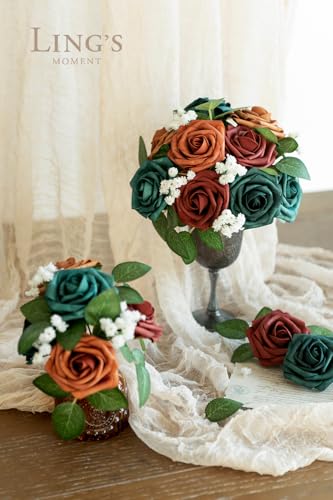 Ling's moment Artificial Flowers, 50Pcs 3" Roses in Teal Shades, Realistic DIY Foam Floral Decor for Wedding Bouquets/Centerpieces, Outdoor Party Backdrops, Room/Table, and Garden/Pot Decorations - color: Shade of 1970s, size: 50Pcs
