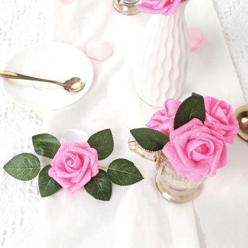 IPOPU Pink Glitter Roses,25PCS Fake Roses Sparkle Roses Bouquet Roses Artificial Flowers with Stems for Cake Wedding Bouquet Home Party Decoration(Dark Pink) - color: Dark Pink
