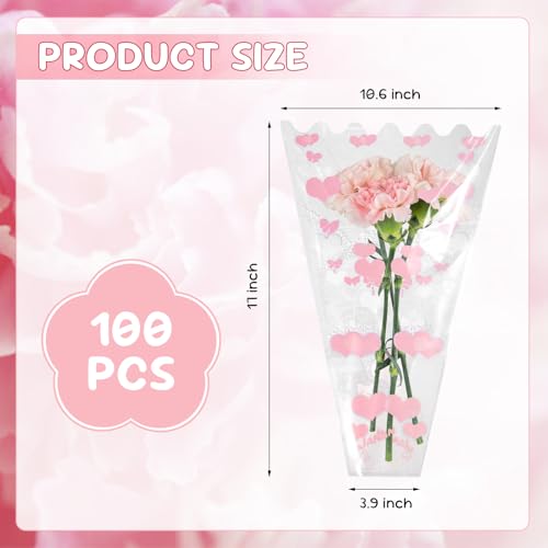 XABMU Pink Heart Flower Bouquet Bags, 100 Pack Clear Floral Wrapping Sleeves, for Valentine's Day, Wedding, Mother’s Day Gifting & Florist Supplies - color: Clear-Pink Heart, size: 1 count (Pack of 100)
