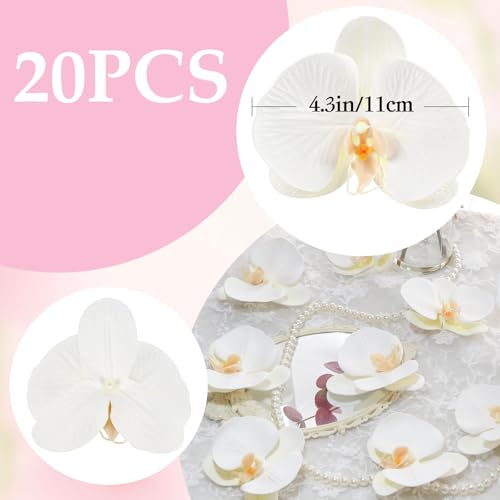 20PCS Real Touch Orchid Artificial Flowers Heads,4.3'' White Fake Butterfly Orchid Heads Latex Phalaenopsis Faux Flowers Bulk for Wedding DIY Crafts Hair Accessories Cakes Home Decor(White) - color: White