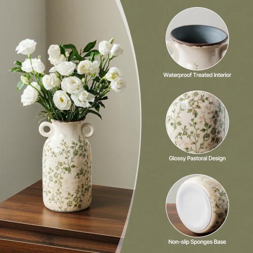 Ceramic Flower Vase | Green Rustic Farmhouse Vase with Handles for Home Decor, Vintage Floral Tuscan Vase for Living Room & Kitchen, Mantel & Bookshelf, Centerpieces, Entryway, Wedding(9.1 Inch) - color: 12-green and Beige