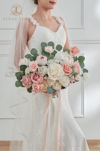 TINGE TIME 11 Inch Wedding Bouquets for Bride，Champange&Pink Artificial Flowers Bouquet， Brides & Bridesmaids Bouquet Tossing Bouquet for Wedding Anniversary Ceremony Bridal Shower Decorations - color: Dusty Rose & Champagne