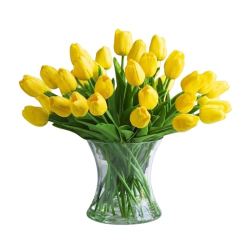 Real Touch Artificial Tulips with Glass Vase and Acrylic Water, 40 Pcs Fake Tulip Flowers Bouquet for Home Office Decor, Silk Flowers Arrangements for Dining Table Wedding Centerpiece (Yellow) - color: Yellow