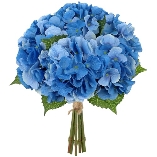 Hollyone Blue Hydrangea Artificial Flowers 6pcs Large Real Touch Faux Hydrangeas Silk Flowers Bouquets Fake Flower with Stems for Home Decor Indoor Wedding Kitchen Centerpiece Table Decorations - color: Blue