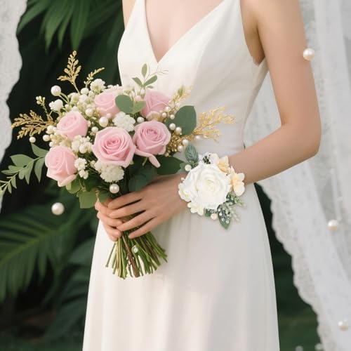 2Pcs Wedding Corsage and Boutonniere Set White Rose Corsage Wristlet and Boutonniere for Men Women Groom Bride Bridesmaid Groomsmen Wedding Party Accessory Prom Decoration (White) - color: White