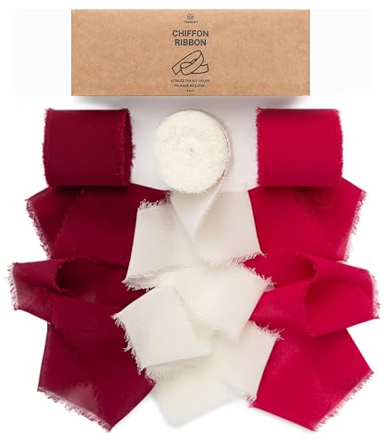 Vitalizart Red Handmade Chiffon Silk Ribbon Fringe 1.5" x 21 Yd Frayed Edges Ribbons for Wedding Invitations Bridal Bouquets Gifts Wrapping Crafts Holiday Party Decorations - color: Red & White