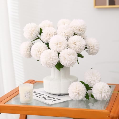 Floweroyal 24pcs Artificial Chrysanthemum Ball Flowers, Fake Mums Silk Hydrangea Bridal Wedding Bouquet for Home Garden Party Office Coffee House Decoration (White) - color: White-24pcs