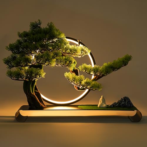 Realistic Simulation Bonsai Tree with LED Lamp Ring, Artificial Bonsai for Home Desk Decor Adjustable Brightness, Zen Welcome Pine Tabletop USB Potted Plant for Living Room Office