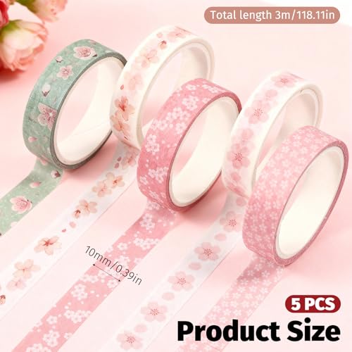 5 Rolls Sakura Washi Tape Set Floral Decorative Tapes Cute Flowers Patterns Tape Japanese Arts Adhesive Tapes Modern Arts Masking Tapess for Art DIY Crafts Journals Scrapbooking Wrapping