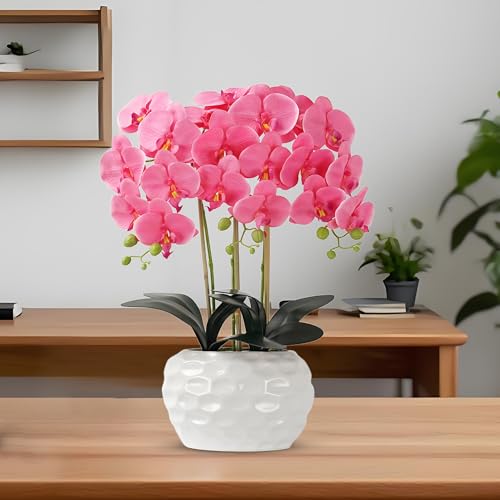 Orchid Artificial Flowers with White Vase Large Silk Faux Phalaenopsis Flowers for Dining Room Table Floral Centerpieces Indoor Decoration,Fuchsia - color: 1332-fuchsia