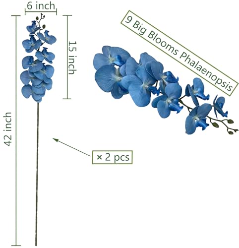FagusHome Artificial Phalaenopsis Flowers Branches 9 Large Blooms Artificial Orchid Flowers Stem Plants 42 Inches 2 Pcs for Home Wedding Décor (Blue) - color: Blue