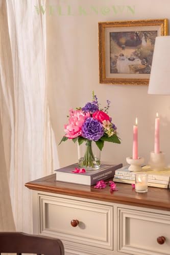 WELL KNOWN Artificial Flowers in Vase with Fake Water, Pink & Purple Silk Flowers Fake Ranunculus Peonies Lilac Bouquet for Home Wedding Party Dining Table Baby Shower Decor & Birthday Gift (Violet) - color: Violet & Pink