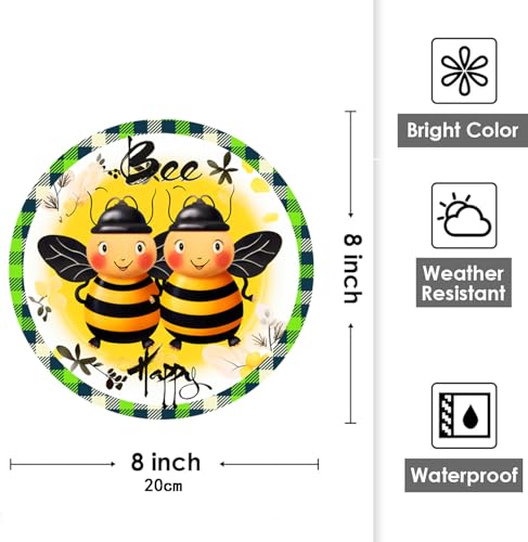 Rustic Wall Decor Wall Plaque Sign Round Metal Tin Sign Bee Happy Wreath Round Welcome Door Hanging,Suitable for Home Garden Kitchen Bar Cafe Restaurant Garage Wall Decor Retro Vintage 8x8 Inch (Be Happy) - color: Be Happy