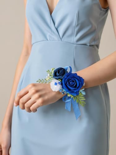 Corsage and Boutonniere Set with Athens Blue Roses for Bride, Groom, Bridesmaids Groomsmen Weddings, Proms, Homecomings. Perfect Party Suit Decor Wedding Flowers Accessories (Athens Blue) - color: Athens Blue