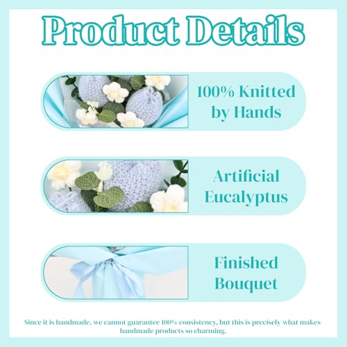 Crochet Flowers Bouquet for Her Handmade Crochet Tulips Artificial Eucalyptus Includes Handheld Gift Box and Card for Home Decor Anniversary Birthdays Mother's Day Graduation Gifts (Blue) - color: Blue