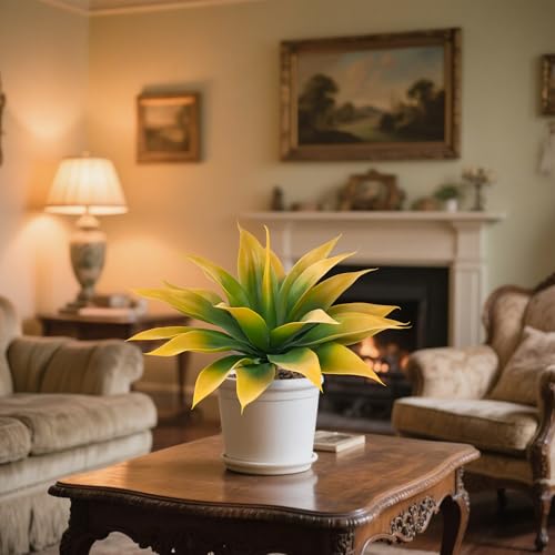Artificial Agave Faux Agave Fake Greenery Outdoor Artificial Plants Fake Plants for Indoor Home Decoration Plastic Plants Outdoor Decor Front Porch Decor Simulation Plants 18In(Yellow) 2Pack - color: 18''yellow