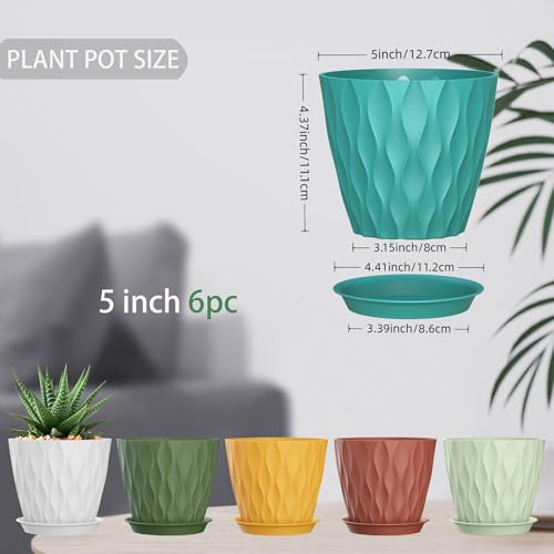 5 Inch Planter Pots, 6 Pack Indoor Planters, Small Flower Pots with Drainage Holes and Tray for Succulents, Orchids, Herbs and Other Indoor Plants (Multicolor, 5inch) - color: Colorful, size: 5inch