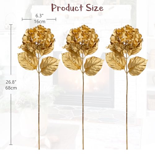 Hollyone 3Pcs Christmas Flowers Gold Artificial Hydrangea Flowers 26.8inch Fake Hydrangea Flower Floral Arrangements Bouquets Xmas Faux Hydrangea Stems Wedding Party Centerpieces Christmas Home Decor - color: Gold - Hydrangea