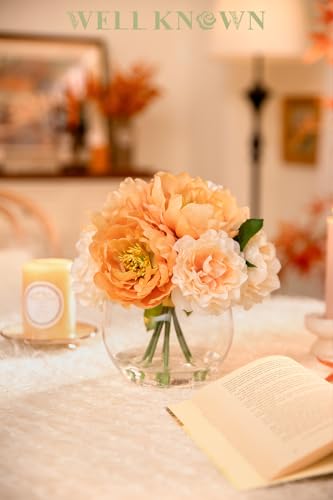 Artificial Flowers in Vase, Silk Peonies Flower Bouquet with Faux Water, Apricot & Champagne Fake Flower Arrangement for Spring Home Decor Wedding Party Dining Table Centerpiece & Mom's Birthday Gift - color: Apricot & Nude