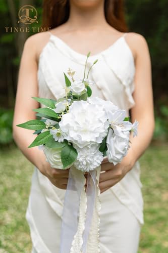 TINGE TIME 7" Bridesmaid Bouquet Set of 4, Wedding Bouquets for Bridesmaid, Perfect for Wedding Bouquets for Bride, Ideal for Bridal Shower, Rehearsal Dinner, Vintage Party (IvoryWhite) - color: Ivorywhite