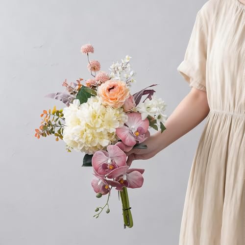 17-inch Artificial Fake Flowers Silk Flower Arrangements Faux Bouquets Composed of Hydrangea, phalaenopsis, Lotus, Double-Headed Roses, Dandelions, Jasmine, Small Fennel Branches. - color: Pink Orchid Dream