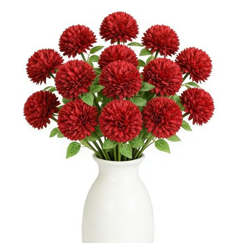 Floweroyal 12pcs Artificial Chrysanthemum Ball Flowers Silk Hydrangea Bridal Wedding Bouquet for Home Garden Party Office Coffee House Decoration - color: Red-12pcs-new