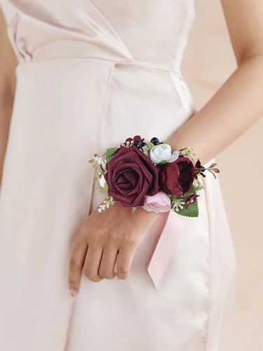 Rinlong 2Pcs Burgundy Wrist Corsage for Wedding, Prom, Homecoming | Bridesmaid Wristlet, Mother of the Bride Flower Corsage - color: 09-burgundy