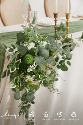 Ling's moment 2PCS Sage Green Artificial Flower Garland Wedding Arch Flowers Floral Swags Centerpieces Greenery Arrangements for Sweetheart/Head Table Easel Wall Entryway Board Backdrop Decor - color: Wht-white & Sage