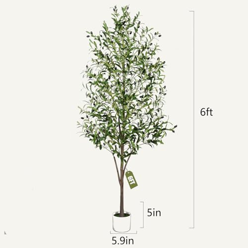 Artificial Olive Tree with White Pot,6FT high, Fake Tree containing 1440 Dense Leaves and 80 Highly Simulated Olive Fruits, Suitable for Home Office Living Room Floor Decoration - color: A