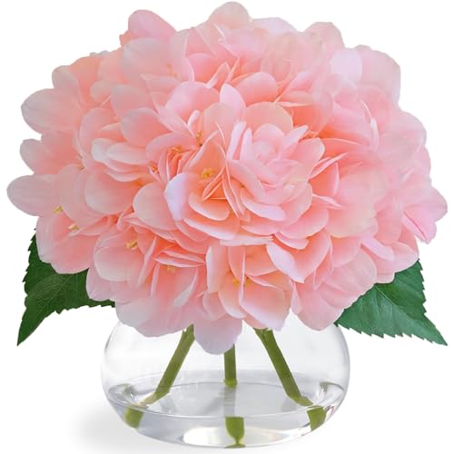 Hydrangea Artificial Flowers in Vase, White Silk Fake Flowers Silk Centerpiece Table Decorations for Dining Room， Coffee Table Decor，Wedding, Home with Faux Water Decor (New Pink) - color: New Pink