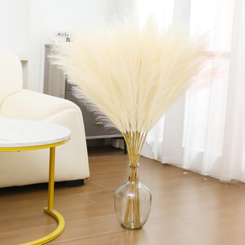 43" Faux Pampas Grass Decor Tall - 8 PCS Beige Pampas Grass for Floor Vase Fluffy Artificial Pampas Grass for Wedding Boho Home Baby Shower Mothers Day Decoration - color: Beige