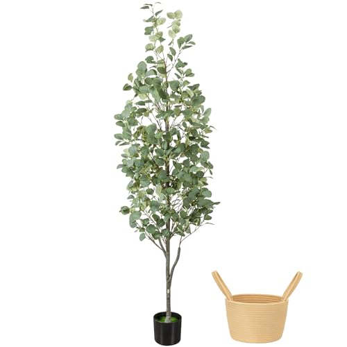 6FT Artificial Eucalyptus Tree with Wicker Basket & Black Pot, Indoor Green Faux Eucalyptus Trees, Fake Eucalyptus Plants with Lifelike Leaves & Natural Trunk for Home Office Bedroom, 1 Pack - color: Eucalyptus Green (Basket), size: 6ft