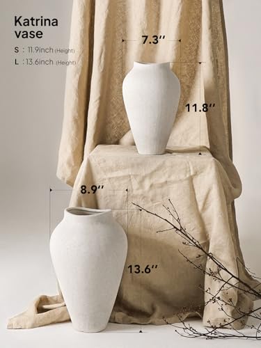 White Ceramic Vase - Large 13.6 Inch Tall Floor Vase for Centerpieces, Farmhouse Flower Vases, Rustic Minimalist Home Decor for Living Room, Enterway, Wedding (Sandstone White) - color: 13.6 Inch-sandstone White