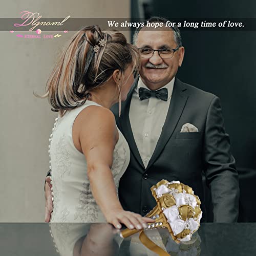 Handmade Wedding Flowers Bridal Bouquets Crystal Bride Holding Bouquet White Ivory Satin Roses with Diamond Pearl Ribbon.(Gold) - color: Lightgold