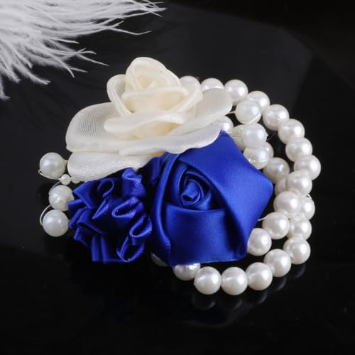 Wedding Prom Party Satin Rose Wrist Corsage Flower, 2Pcs Boutonniere and Wrist Corsage Wristband Roses Prom Flower Wedding Flowers Accessories Prom Suit Decorations (Royal Blue) - color: Royal Blue
