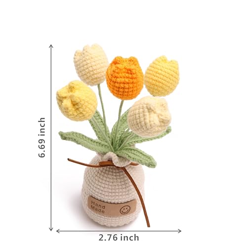 Handmade Tulips, Artificial Plant Crochet Flowers， Tulips Suitable for Home Room, Table, Office Ornaments and Birthday Gifts Suitable for Family and Friends Anniversary (5 Flowers-Yellow) - color: Yellow B, size: B