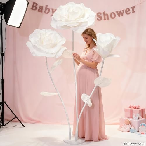Giant Artificial Rose Decor, Oversized Standing Flower for Wedding Receptions, Photo Shoots, Parties & Romantic Spaces (White) - color: White